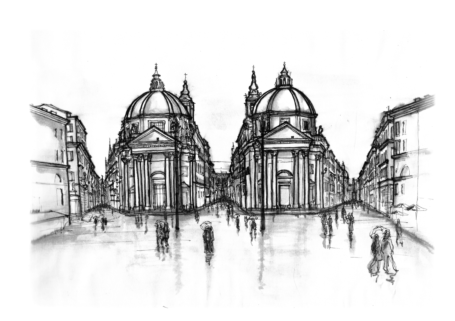 Ink sketch of Piazza del Popolo, Rome, in the rain with twin churches and reflections