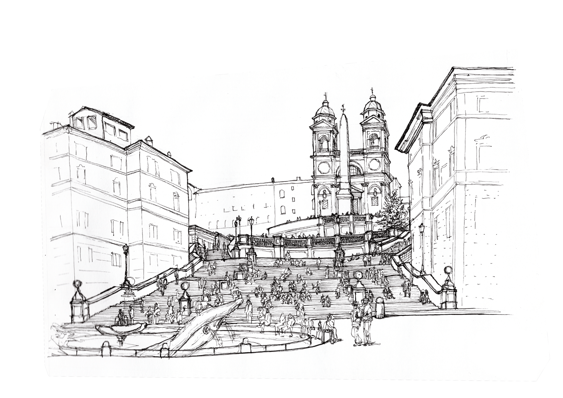 Ink sketch of the Spanish Steps and Barcaccia fountain, Rome