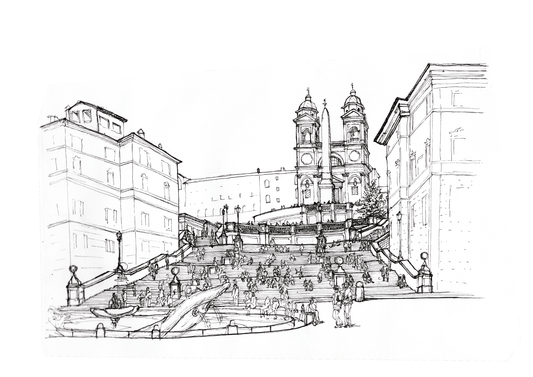 Ink sketch of the Spanish Steps and Barcaccia fountain, Rome